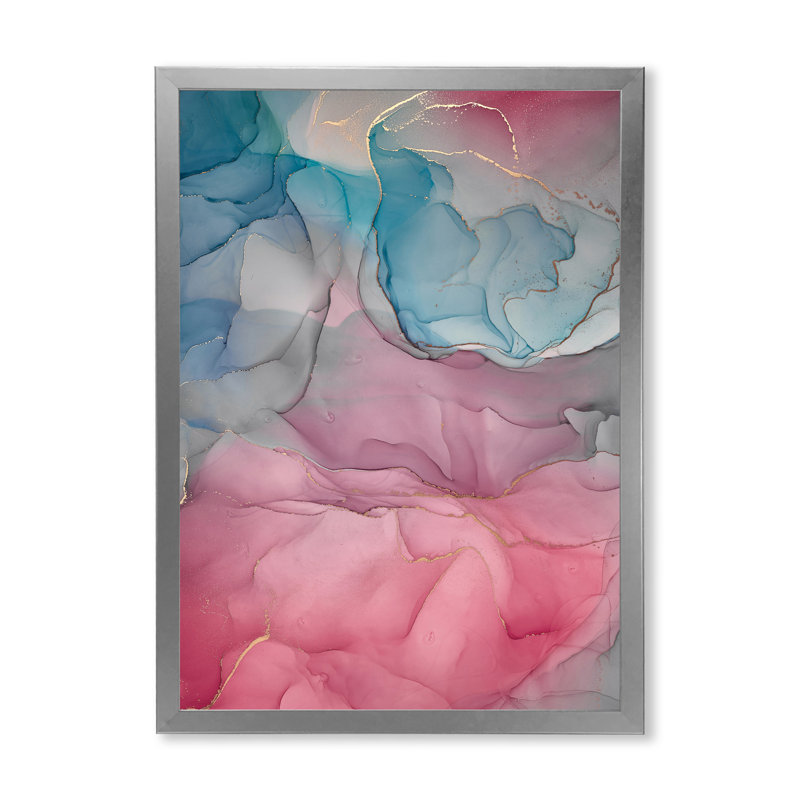 «Pink and Blue Ink Clouds I», peinture sur toile, H 44 po x l 34 po x P 1,5 po, Cadre photo argenté