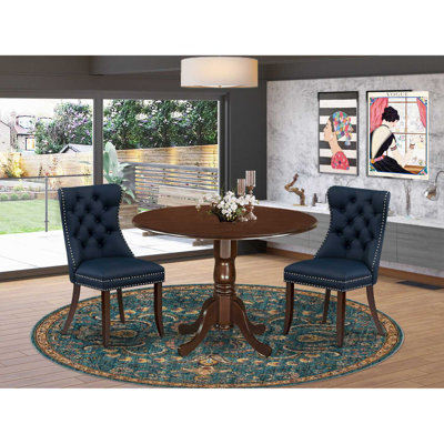 3-Piece Antique Walnut Finish Solid Wood Top-Round Upholstered Dining Room Set with Dropleaf-Seats 4