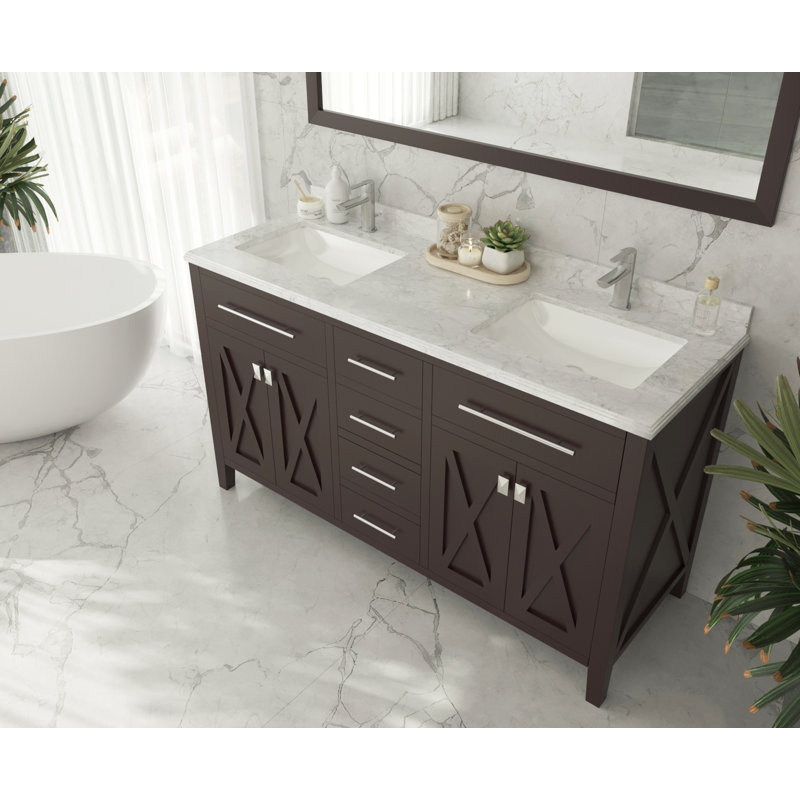 Ensemble de meuble-lavabo double 60 po Vitiello, Brun, Marbre blanc