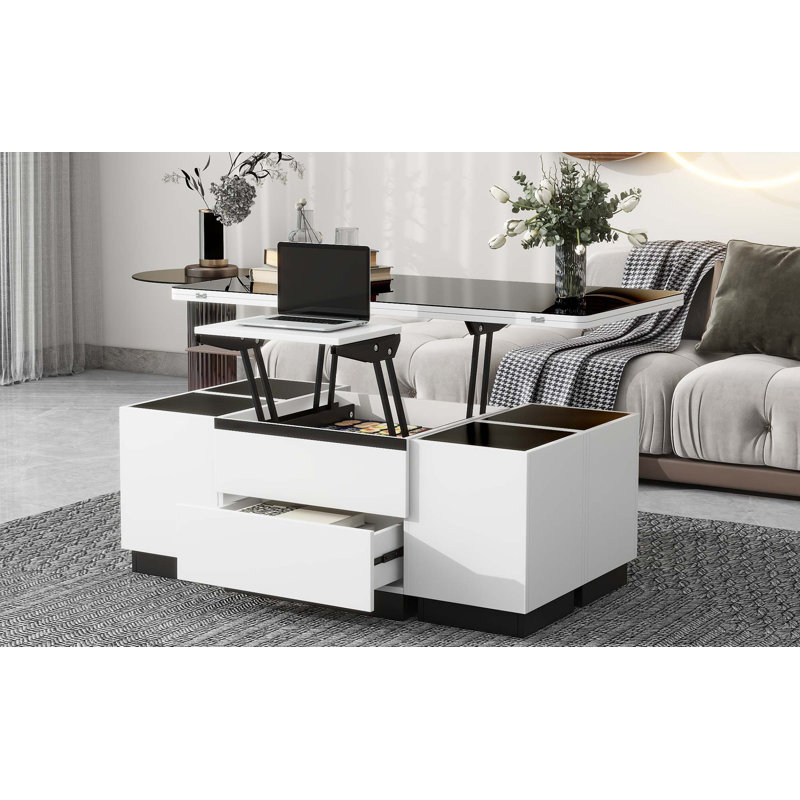Table basse à plateau relevable moderne en verre avec tiroirs et table de rangement multifonctionnelle
