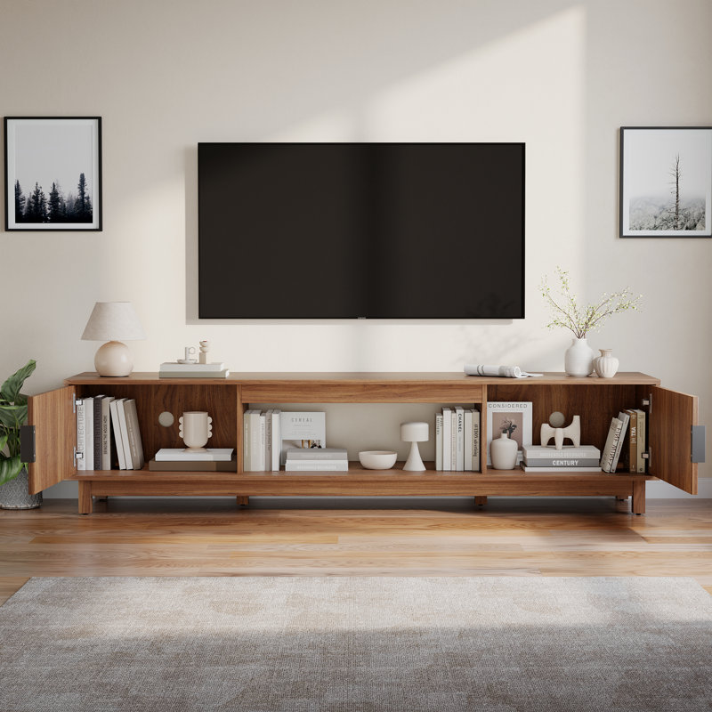 Meuble télé moderne en bois avec portes coulissantes en rotin cannelé et rangement ouvert, H 15,87 po x L 70 po x l 15,75 po