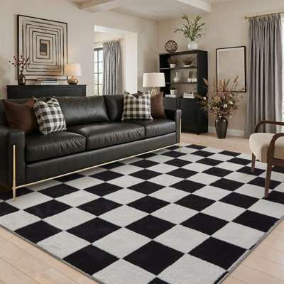 Aira Black & White Jacquard Checkerboard Area Rug With Non-Slip Backing