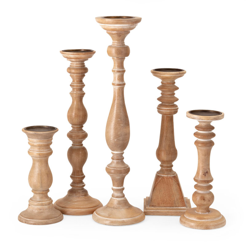 Ensemble de bougeoirs tournés 5 pièces Hez, décor classique, bois brun rustique