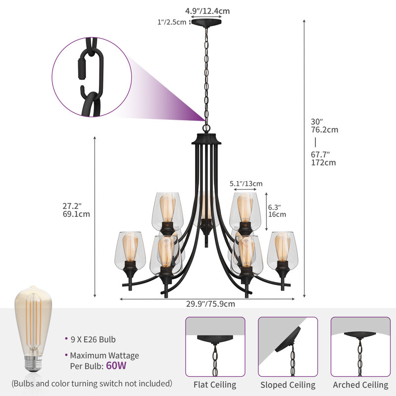 Luminaire suspendu classique / traditionnel à 9 lumières de style bougie avec abat-jour en verre Demarrie