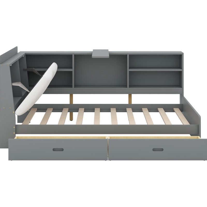 Lit plateforme simple en bois avec rangement: tête de lit, tablettes, 2 tiroirs, style gris pratique