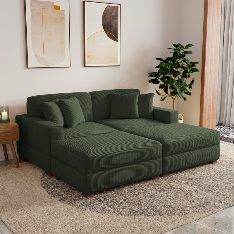 Ensemble de canapé-lit modulaire rembourré 4 pièces en velours côtelé vert avec fauteuils et repose-pieds amovibles, Vert