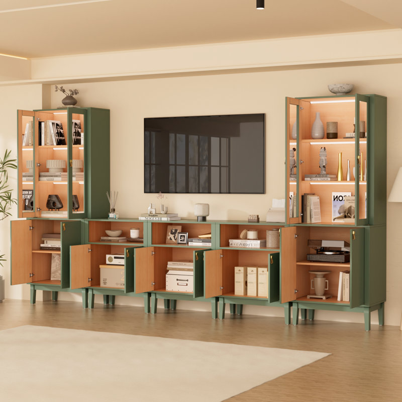118" W Modular Entertainment Center & Display Cabinet with LED Lights, Glass Doors & Leather Handles,Sage green,TV Stand for TVs Up to 75"