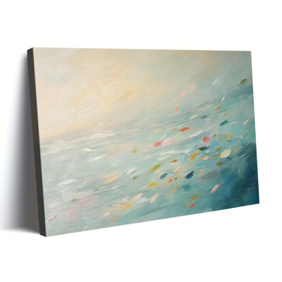 Abstract Teal Ocean Floating Colorful Petals Impasto Oil Painting Canvas Wall Art Soft Pastel Coastal Modern Decor