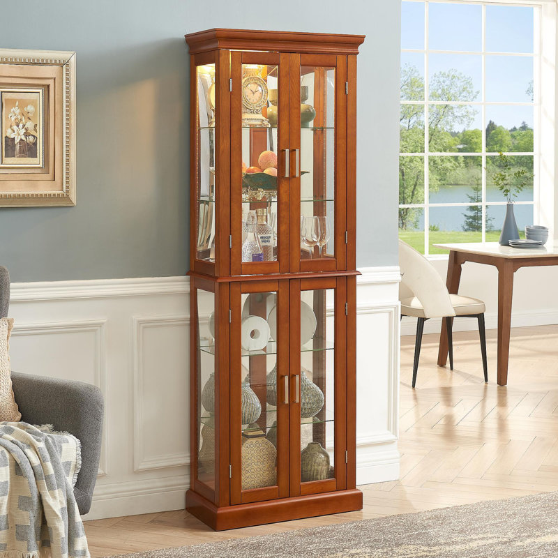 Curio Cabinet Lighted Curio Diapaly Cabinet With Adjustable Shelves And Mirrored Back Panel, Tempered Glass Doors (Walnut, 6 Tier), (E26 Light Bulb Not Included)