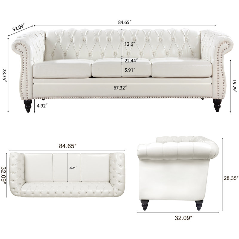 Canapé Chesterfield en similicuir | Canapé capitonné de luxe avec accoudoirs roulés et garniture cloutée | Canapé rembourré 84 po 3 places pour la vie