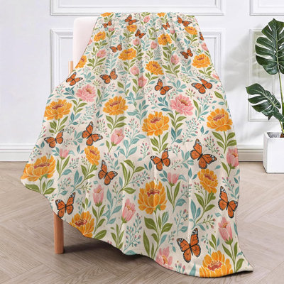 Butterfly Floral Flannel Throw Blanket Colorful Garden Decor for Girls Women Nature Cottagecore Lovers Cozy Lightweight Fleece Blankets Bedroom Couch Dorm Camping Travel Gifts, 30x40inch