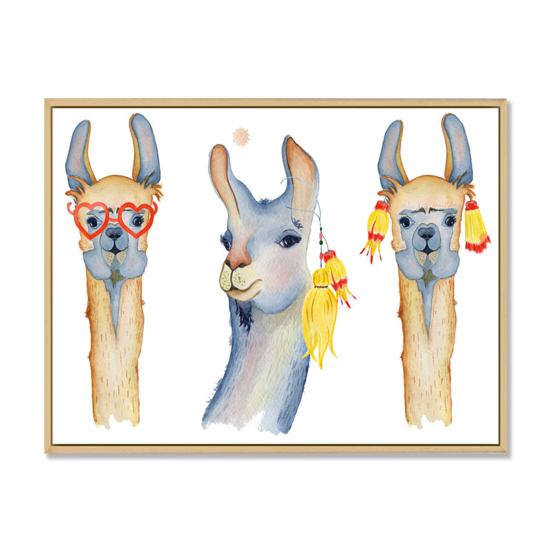 Dessin de mignon lama mignon I - reproduction sur toile, H 24 po x l 32 po, Cadre flottant en érable