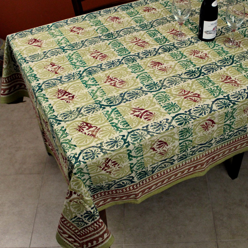 Hand Block Print Cotton Floral Tablecloth Beige Green, 104" L x 70" W