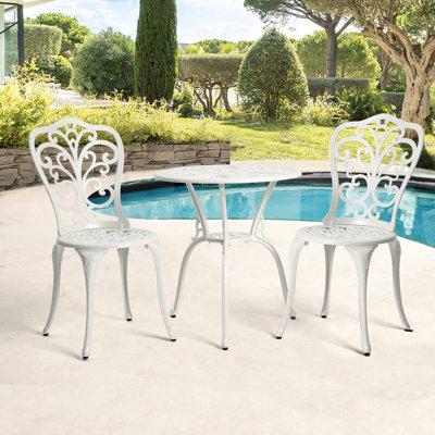 Bistro bistro blanc en aluminium coulé 3 pièces, rouille, avec des détails floraux intrigants, s'adapte à différents endroits, facile à assembler pour le patio, le balcon, le porche, le jardin, la cour