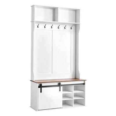 Arbre d'entrée avec banc et rangement pour chaussures, 42 po de largeur, arbre d'entrée avec banc, crochets de suspension, tablettes de rangement, tablettes à chaussures réglables, mobilier en bois pour vestibule, vestibule, couloir, blanc