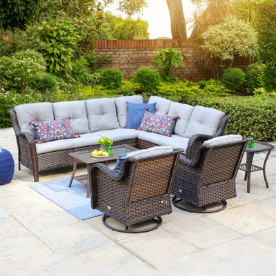 Ensemble de conversation modulaire en rotin pour 8 personnes avec 2 chaises et coussins Ansis