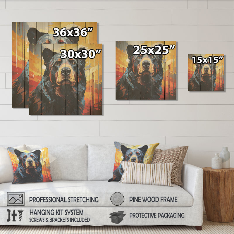 Illustration abstraite d'ours coloré II - Ours sur bois, H 15 po x l 15 po