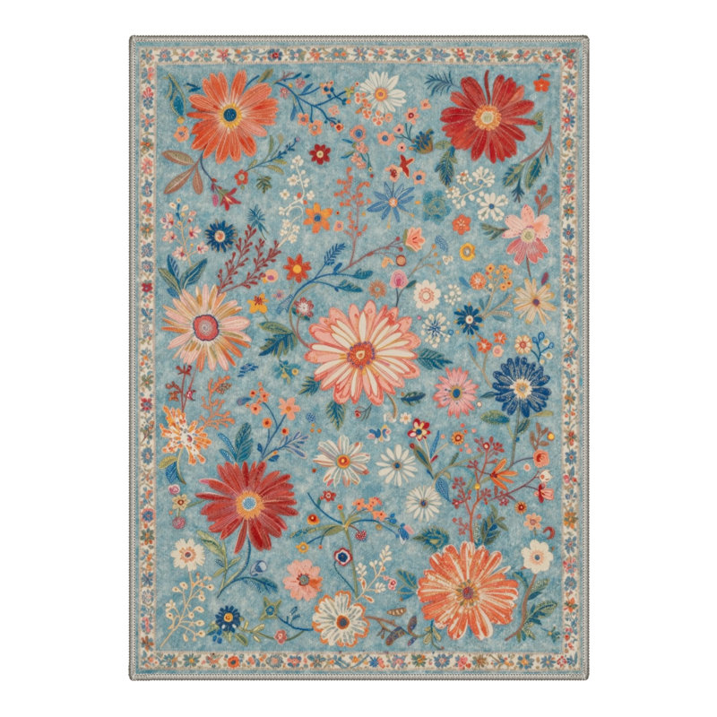 Veridian Floral Machine Washable Blue / Red Indoor Area Rug with Non-Slip Backing, Round 5'