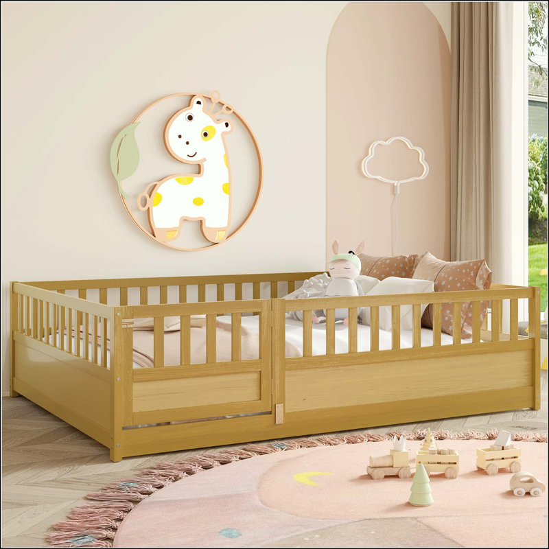 Lit double Montessori avec porte et barrière de haute sécurité, Double, Bois naturel