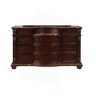 1Pc Marble Top 11 Drawers Dresser Intricate Moldings Beautifully Curved Silhouette Bedroom Solid Wood Furniture