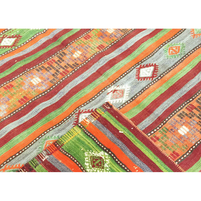 Tapis unique en laine noué à la main de style années 1960 de 6 pi 4 po x 7 pi 8 po vert / rouge