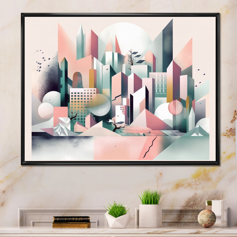 Reproduction d'art abstrait paysage rose et vert surréels II, H 30 po x l 40 po x P 1,5 po, Cadre flottant noir