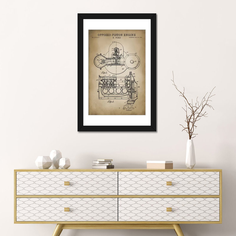 « opposed-moteur à piston », impression sur toile, Papier beaux-arts encadré noir, Blanc, H 32 po x l 24 po x P 1 po