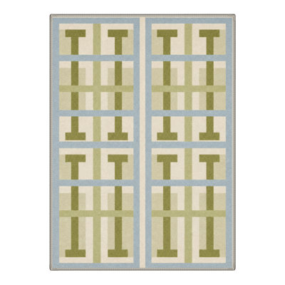 Machine Washable Geometric Green / Blue / Beige Area Rug With Non-Slip Backing