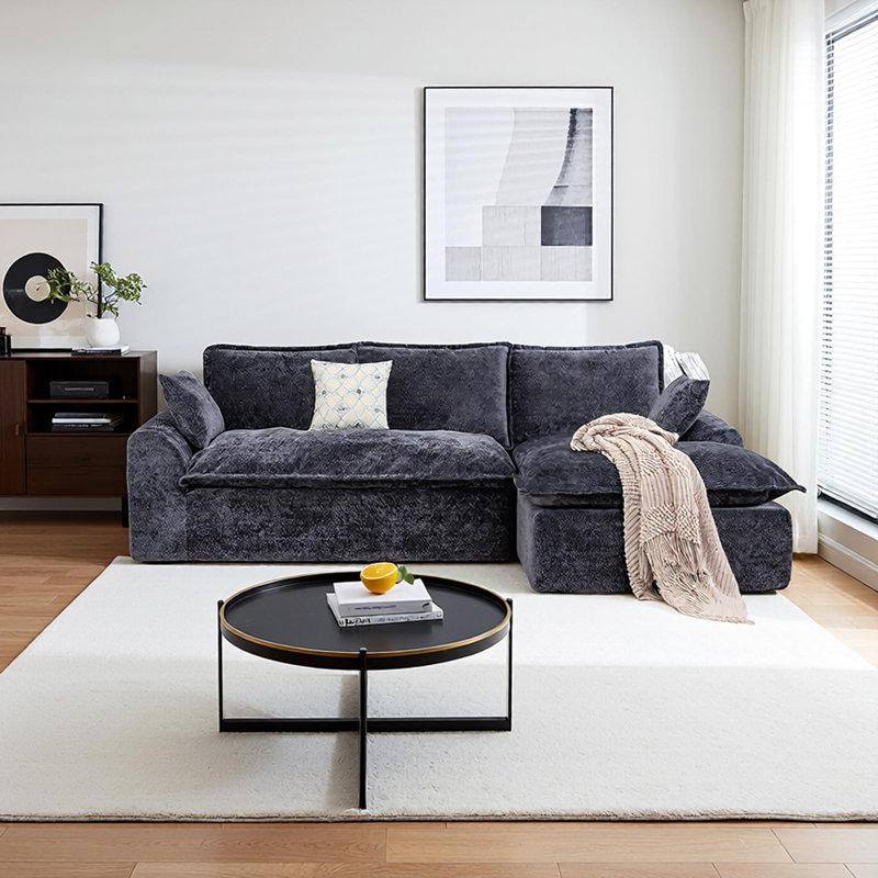 103" Boneless Compressed Sectional Couch No Assembly Required With Pillows, Right Hand Facing, Black