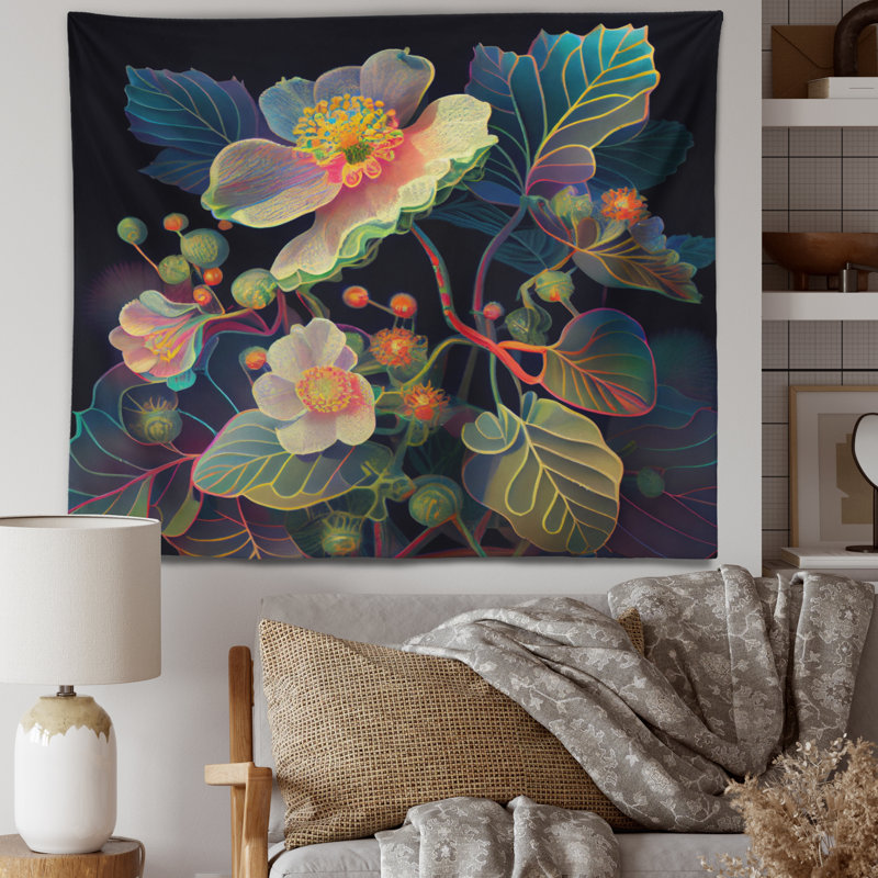 Blossoming Diphylleia Grayi In Fluorescent Colors Polyester Tapestry, 50" H x 60" W