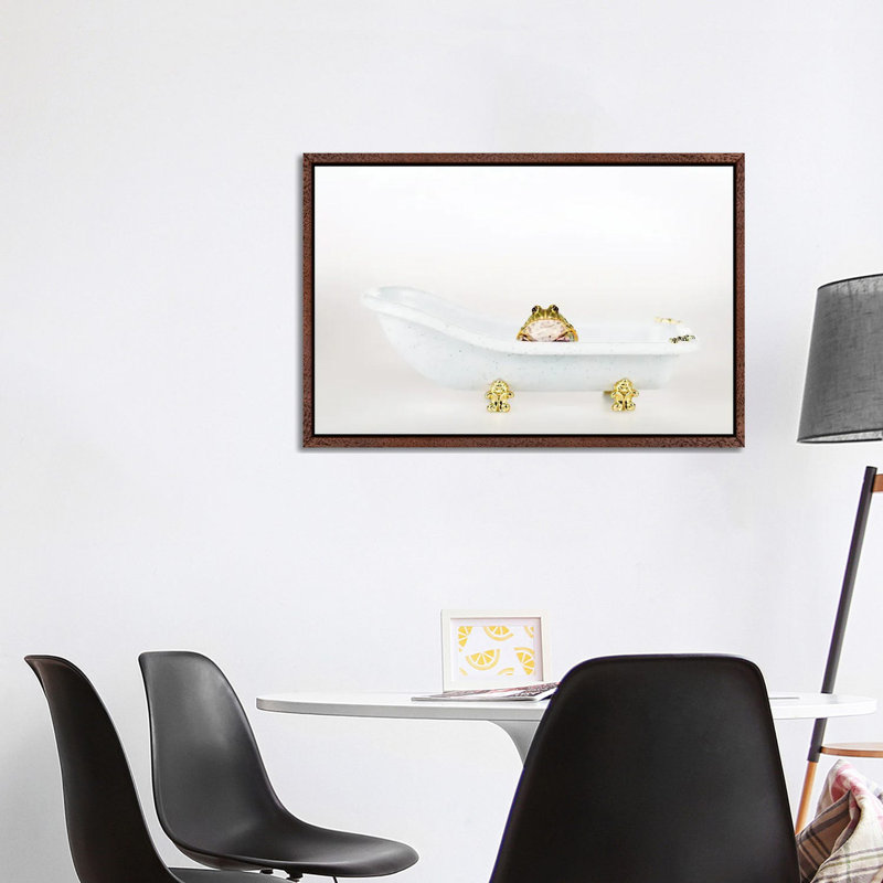 Cute Green Frog In Small Luxury Bathtub Isolated by IgorVetushko - Print on Canvas, Classic Brown Wood Framed