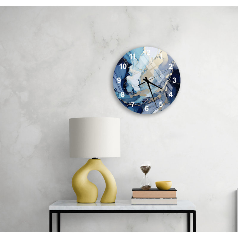 Horloge murale moderne en verre trempé bleu, blanc et or, Blanc
