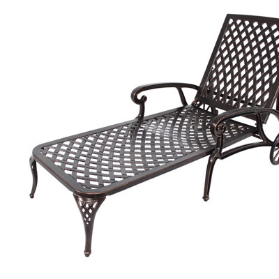 Cast Aluminum Lounge Chair, All Weather Outdoor Patio Recliner, Brown Finish