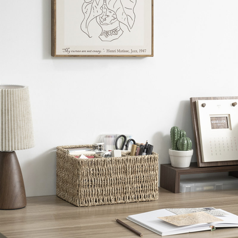 Hand-Woven Wicker Cutlery Holder with Handle, Flatware Basket Organizer