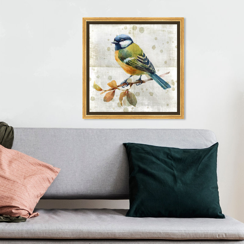 Oiseau bleu - peinture sur toile, H 12 po x l 12 po, Cadre doré