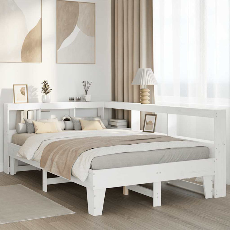 Bookcase Bed Without Mattress Solid Wood Pine, Double (4'6), White