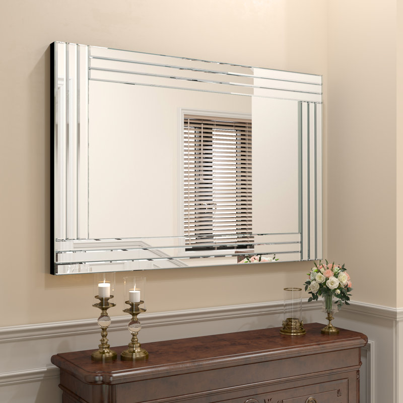 Glass Framed Rectangle Wall Mirror Accent Decorative Mirror for Bedroom Living Room Bathroom
