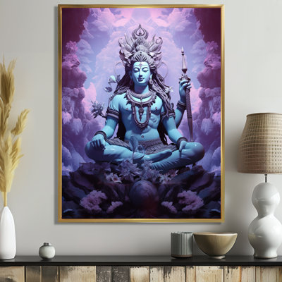 Shiva bleu sur un trône, portail de nuages mauves - Hindouisme