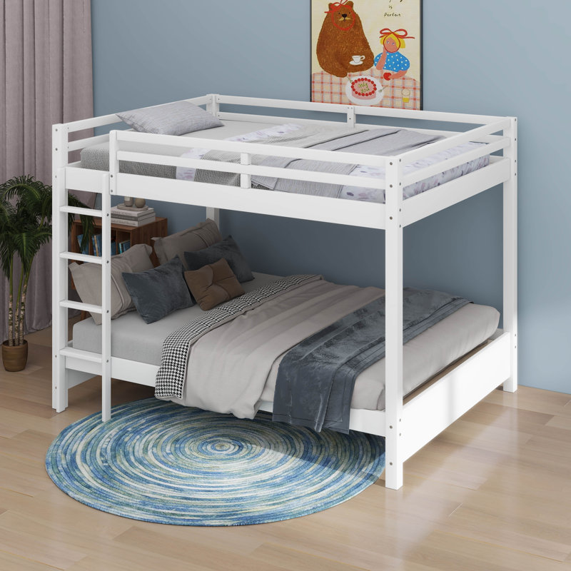 Wood Queen Size Bunk Bed With Ladder, White