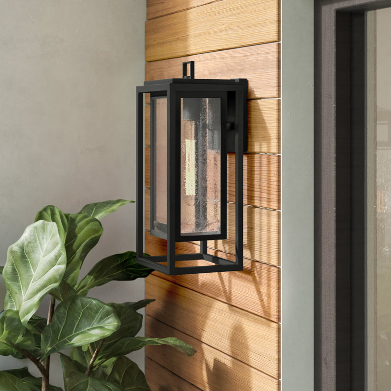 Republic Seeded Glass Outdoor Wall Mount Lantern, Black, 16" H x 7" W x 6.75" D