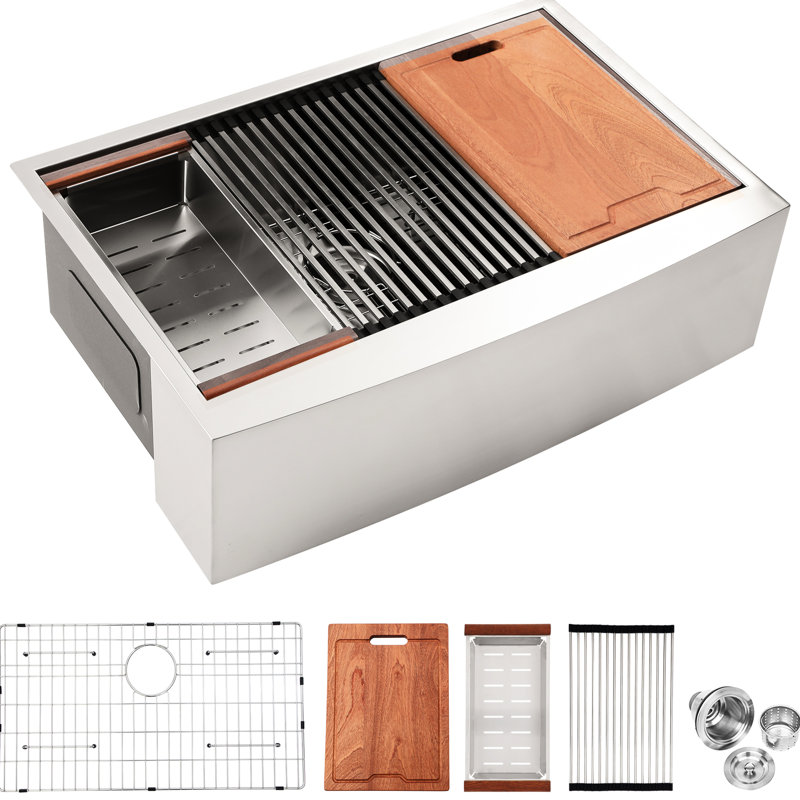 Station de travail en acier inoxydable de 30 pouces de calibre 16, nickel brossé, hygiénique, avec accessoires et guide d'installation pour un tablier fonctionnel de 30 po à l'avant, avec planche à découper