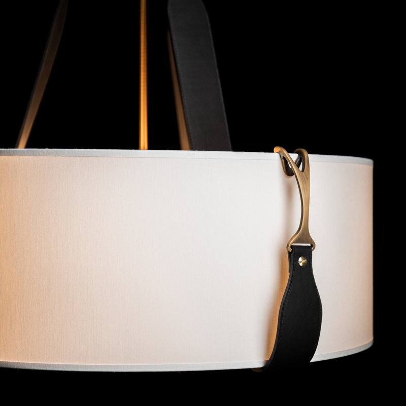 Saratoga 3 - Light Drum Pendant, British Brown Leather, Natural Anna Shade, Antique Brass