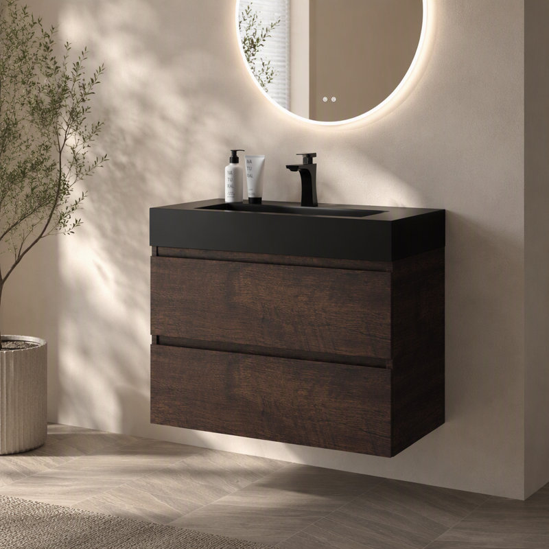 Alice 30" Walnut Bathroom Vanity with Sink, Large Storage Wall Mounted Floating Bathroom Vanity for Modern Bathroom, One-Piece Black Sink Basin without Drain and Faucet, Pre-assembled
