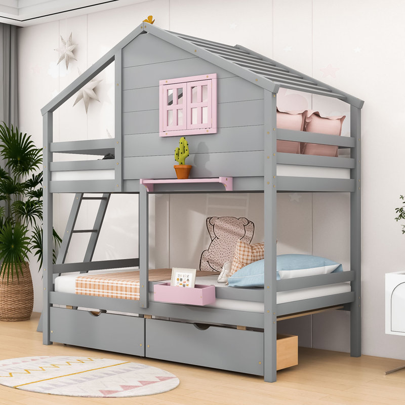 Lit superposé simple en bois avec 2 tiroirs, Gris