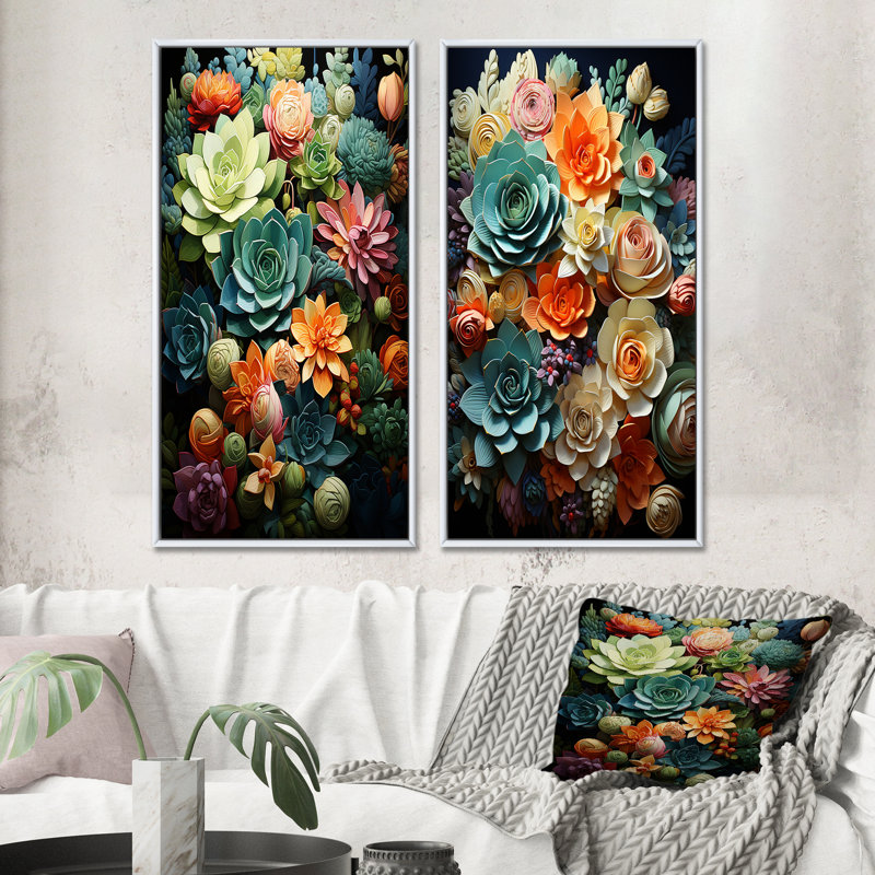 «Green Balck Succulent Serenity», 2 pièces, Cadre blanc, H 32 po x l 32 po