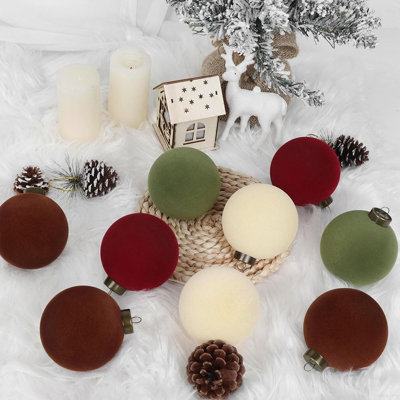 16pcs Velvet Christmas Balls – 3.15" Vintage Flocked Ornaments In Green, Red & Brown For Xmas Tree And Holiday Home Décor