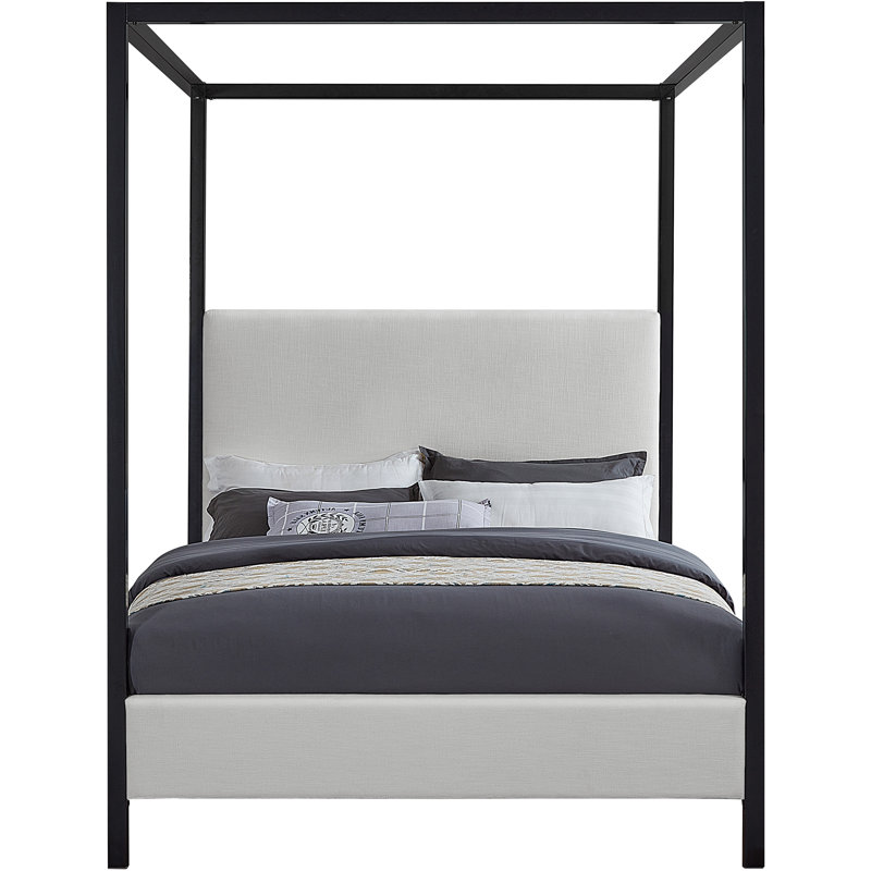 Upholstered Metal Canopy Bed, Cream Linen Textured Fabric, Full/Double