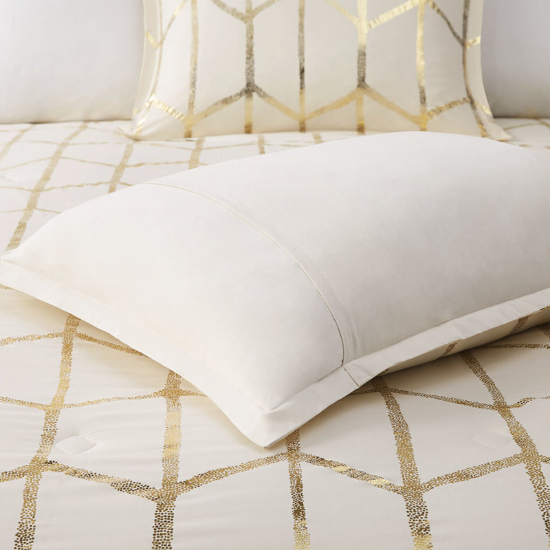 Édredon double / grand + or métallique - Style moderne, ultra doux, 2 taies décoratives, coussins décoratifs, microfibre douce contemporaine et sèche-linge