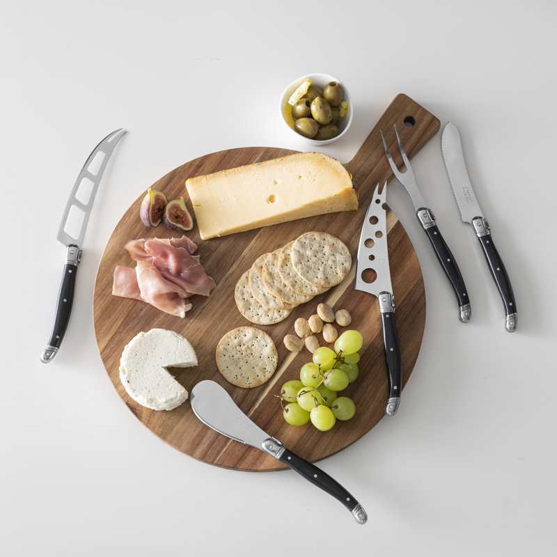 French Home Laguiole 6-Piece Black Pakkawood Artisan Cheese Knife Set And Round Wood Board