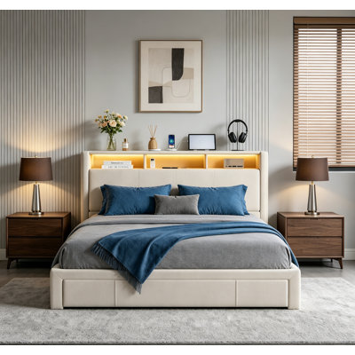 Full-size Upholstered Bed with Drawers, Storage Headboard, LED Lighting, USB Charging, and Silent Design for Modern Comfort
